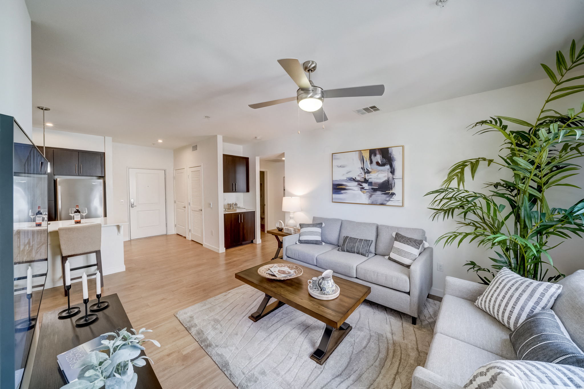 Spacious living room with a cozy couch and coffee table